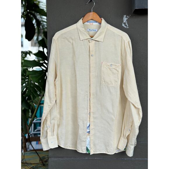 Tommy Bahama Men’s Large Long Sleeve Yellow Striped Shirt Linen in Sand Wheaten